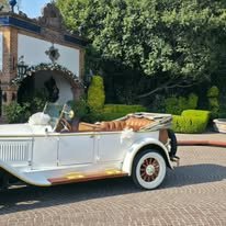 Auto antiguo blanco en jardín